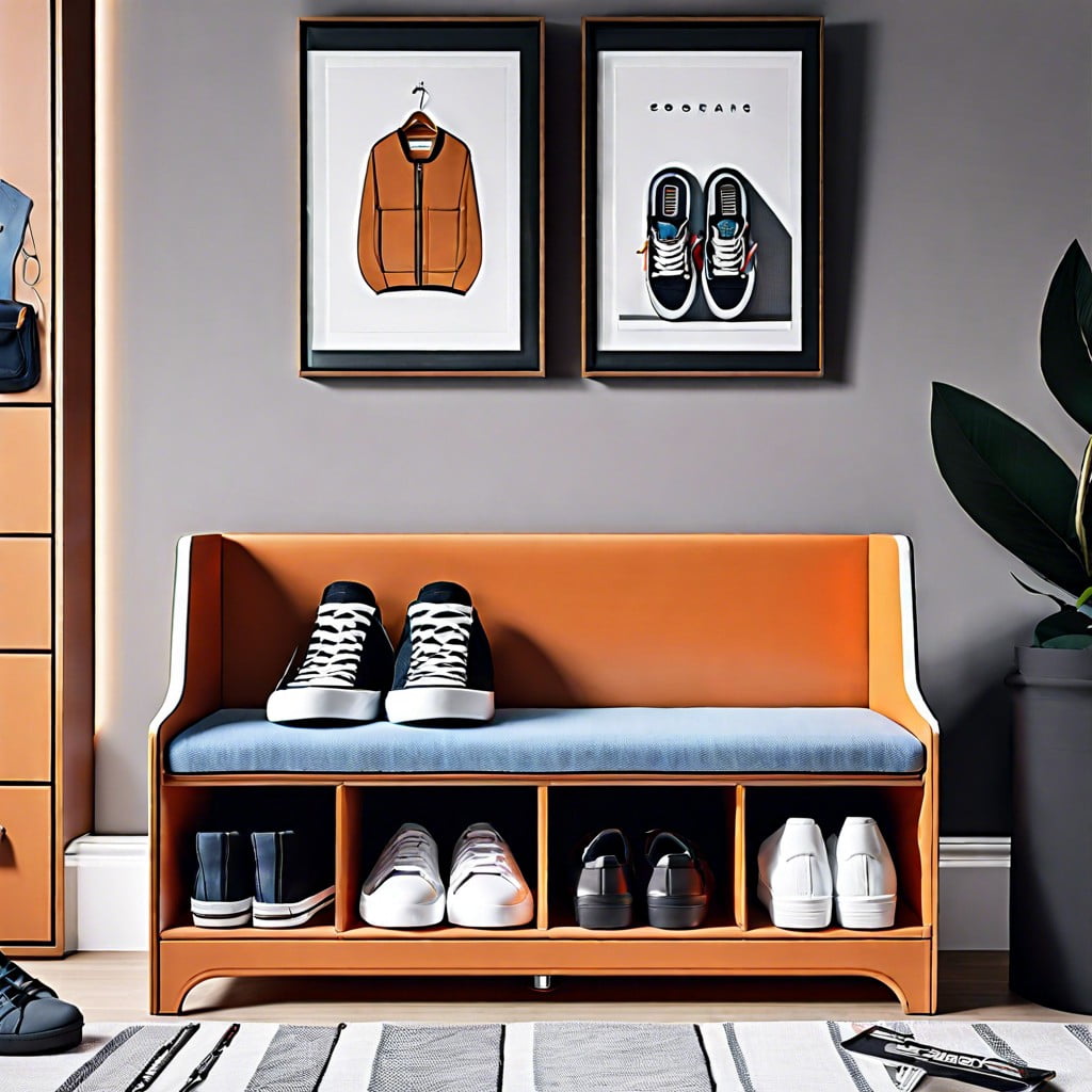 a sneaker bench doubling as a storage unit and seating area