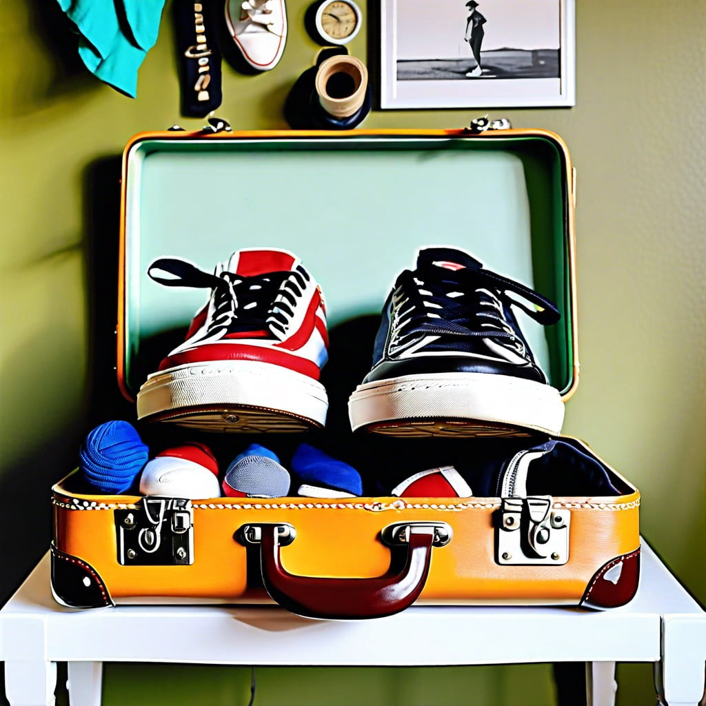a vintage suitcase turned into a sneaker display for nostalgic vibes