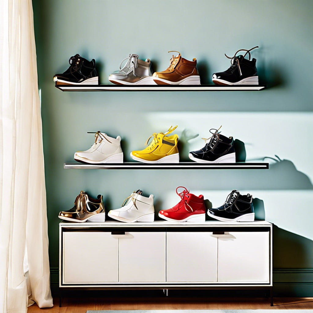 a wall mounted metal frame to hang sneakers by their heels for an artsy display