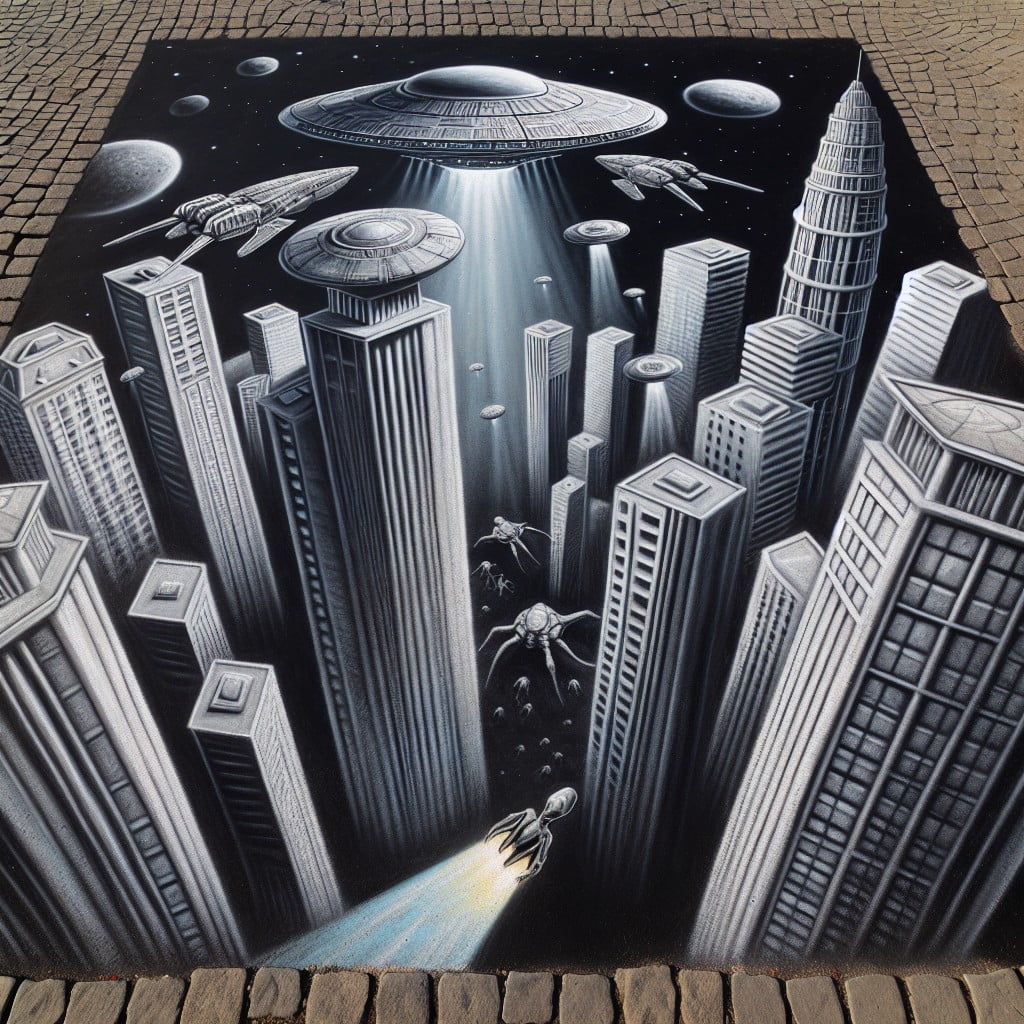 alien invasion sci fi themed chalk art