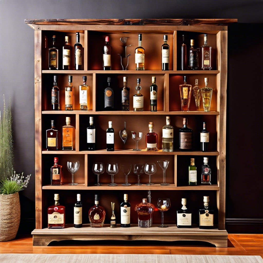 bookshelf converted into liquor display
