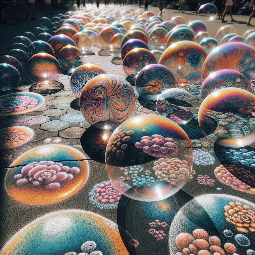 chalk bubbles draw giant colorful bubbles spilling over the sidewalk