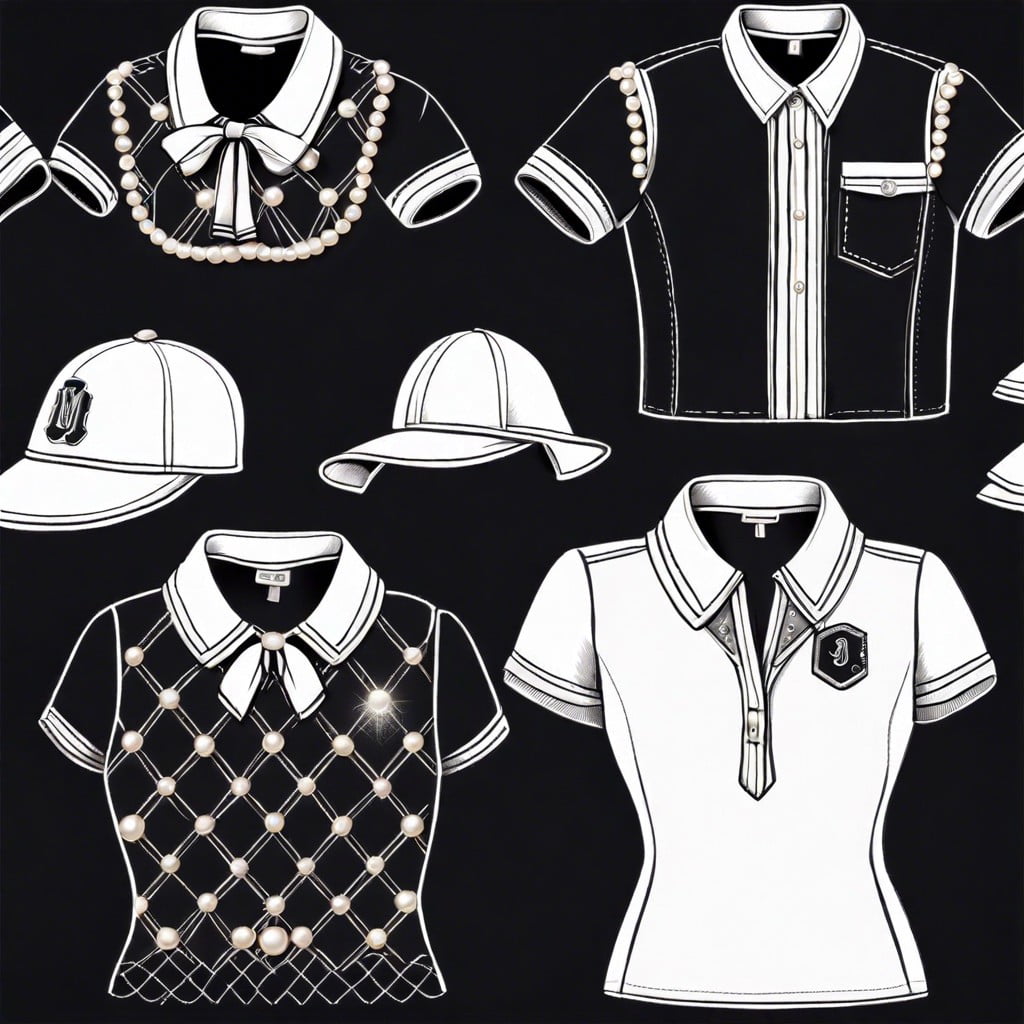 chalk illustrations of classic preppy fashion items e.g. polo shirts pearls