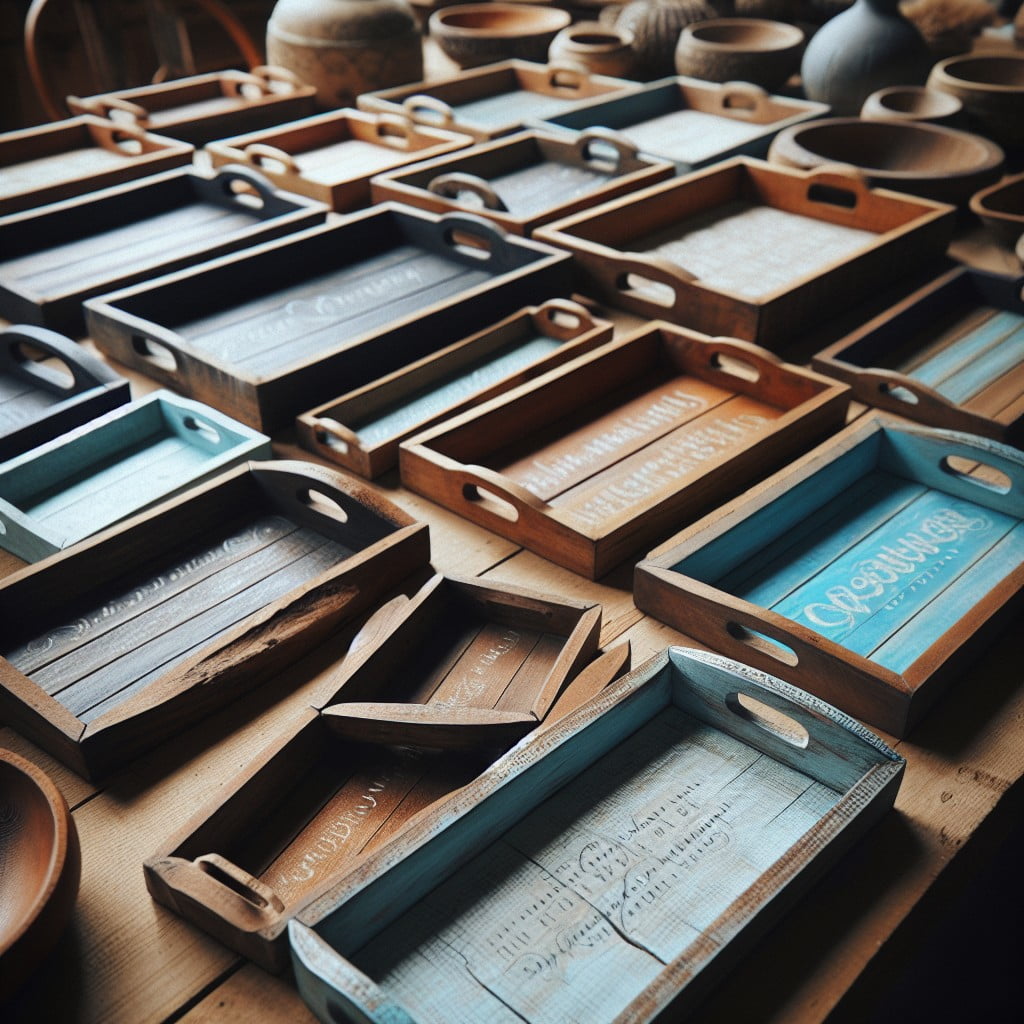 chalk painted wooden trays in varying blues