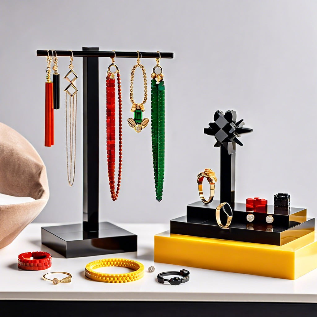 curated lego jewelry display functional art
