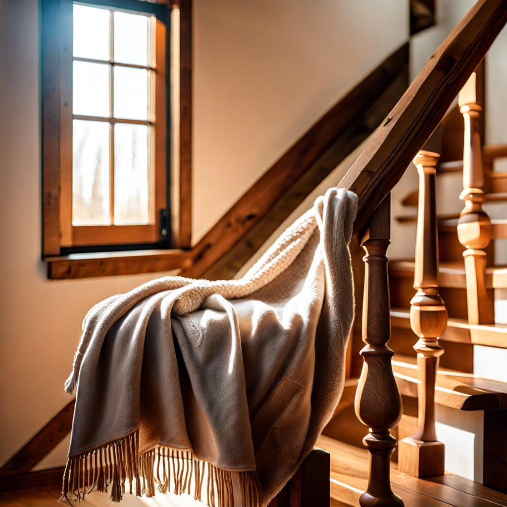 draped over a rustic bannister