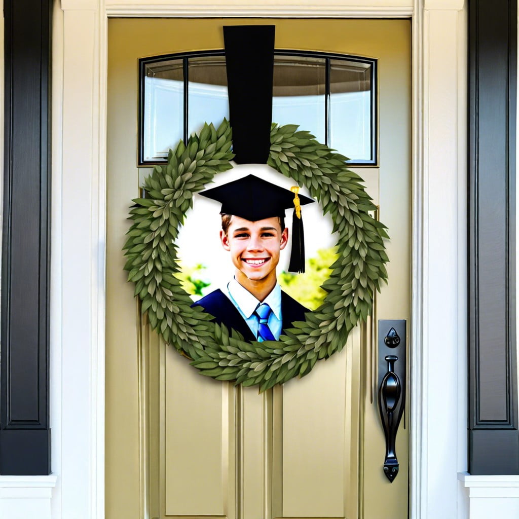 graduation photo wreath on front door