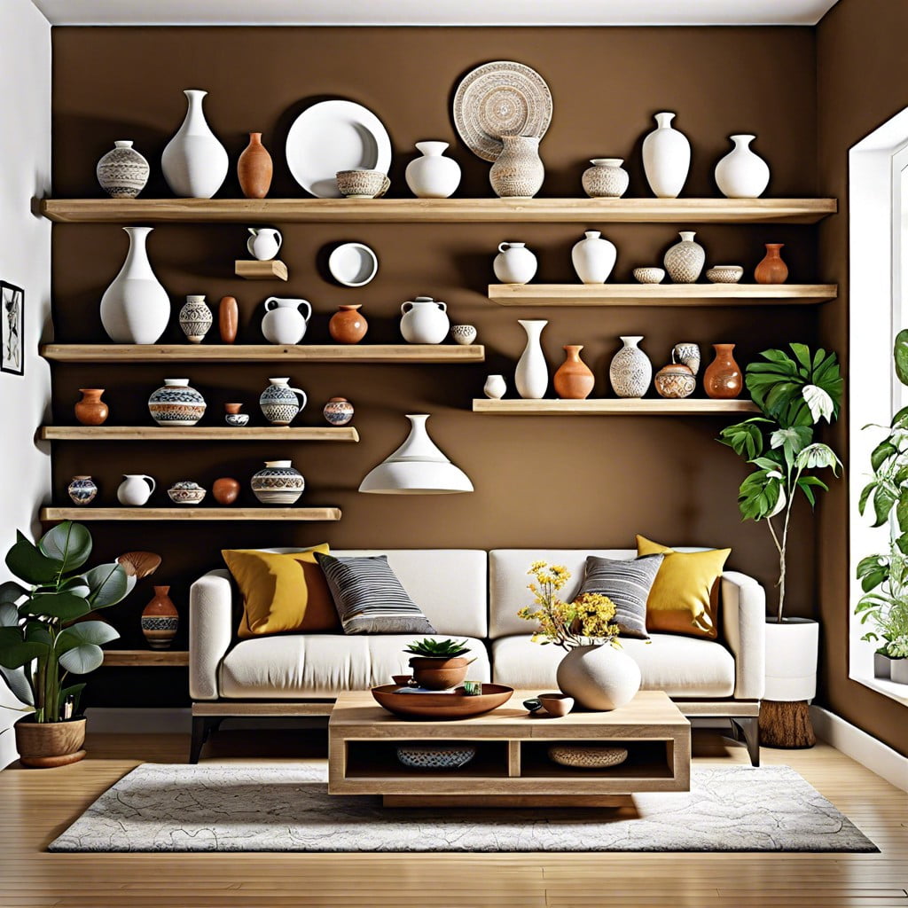 hanging pottery display using floating shelves