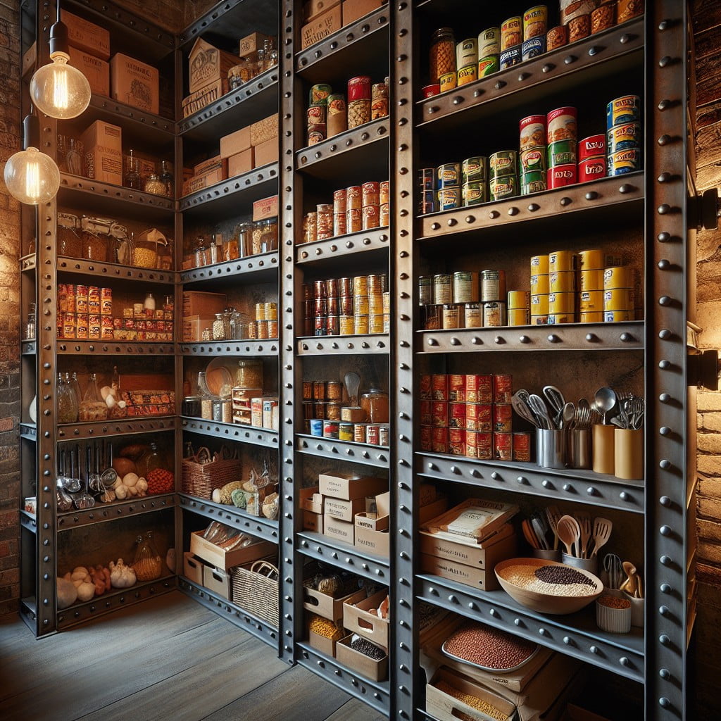 industrial style pantry with steel shelves