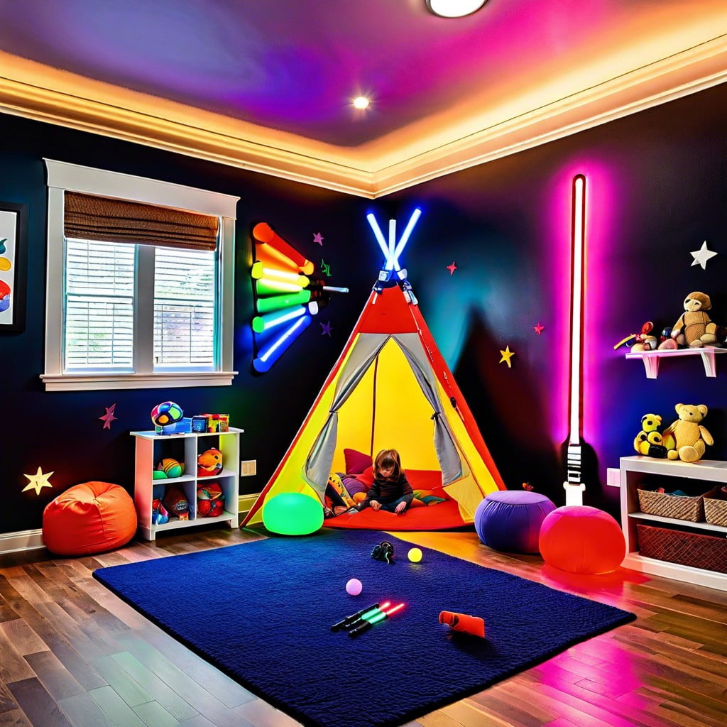 interactive childs playroom corner highlighting lightsabers