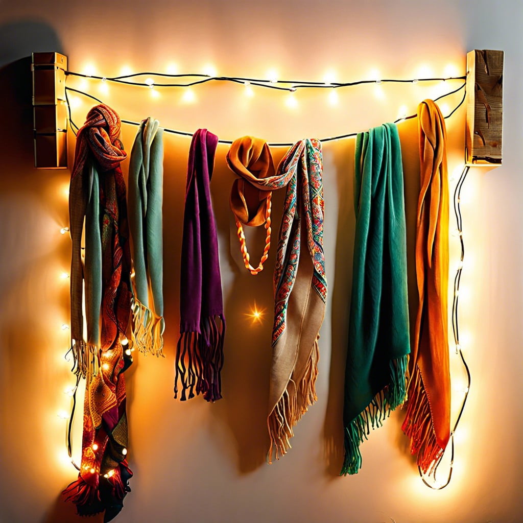 intertwine scarves on a rack with fairy lights
