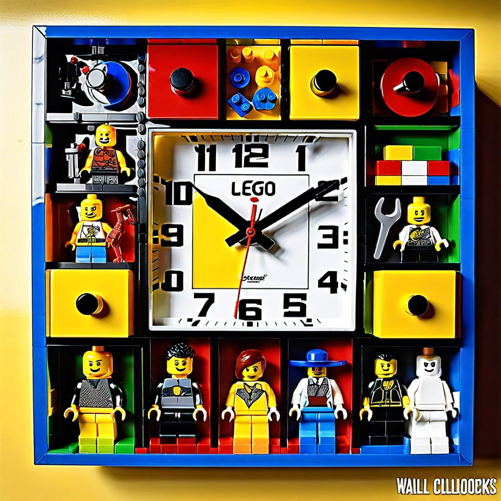 lego themed wall clock with storage