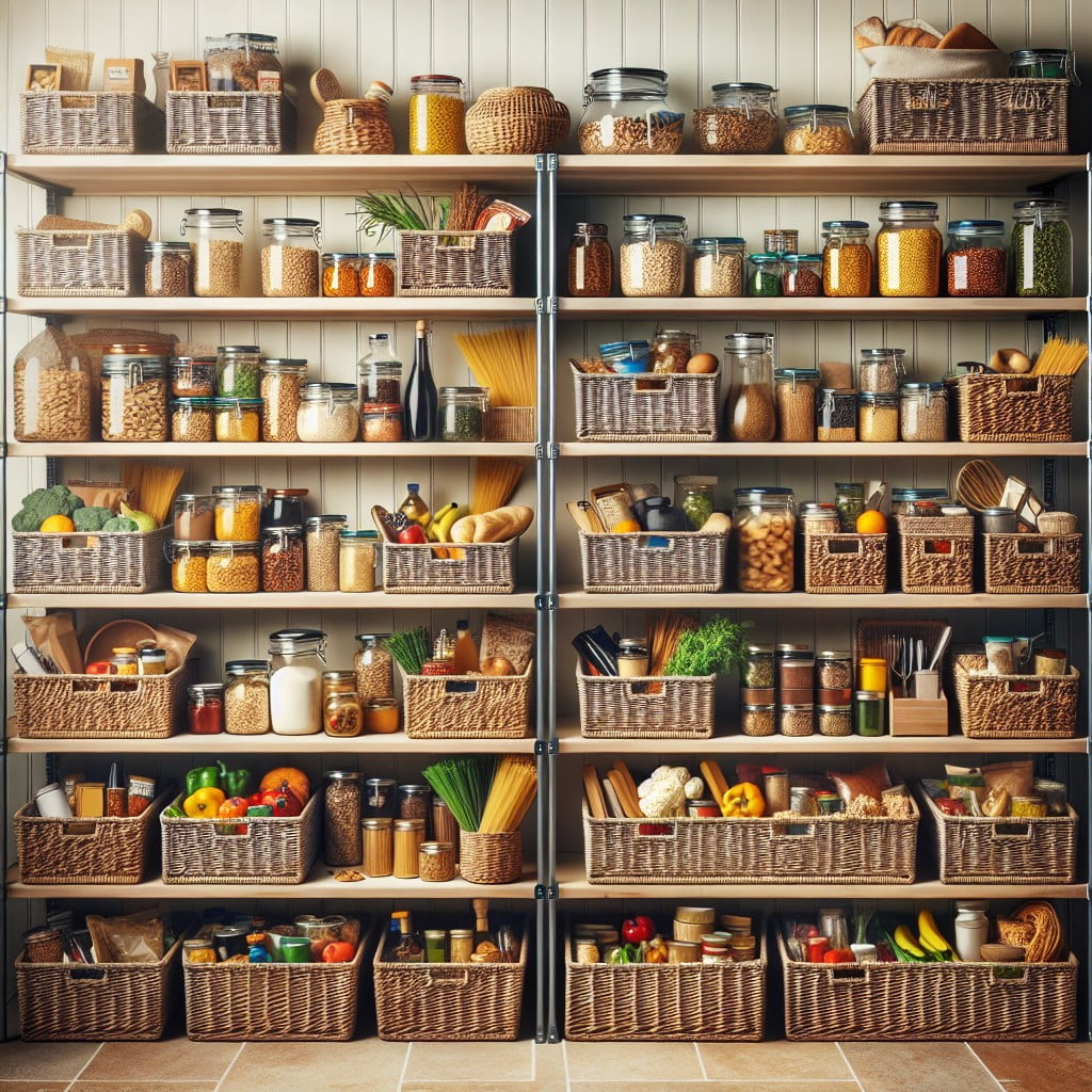 open shelf pantry with wicker baskets