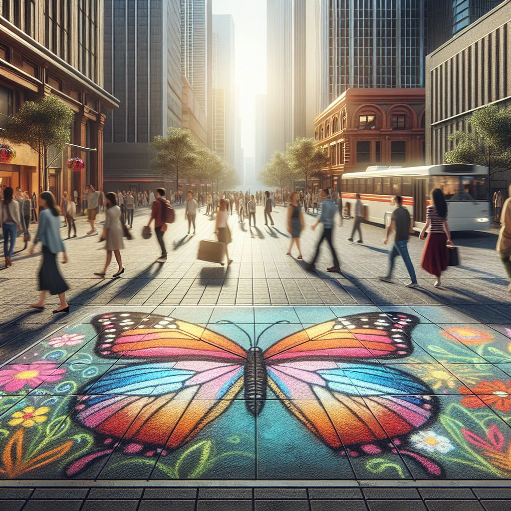pavement picasso attracting people with beautiful chalk butterfly art