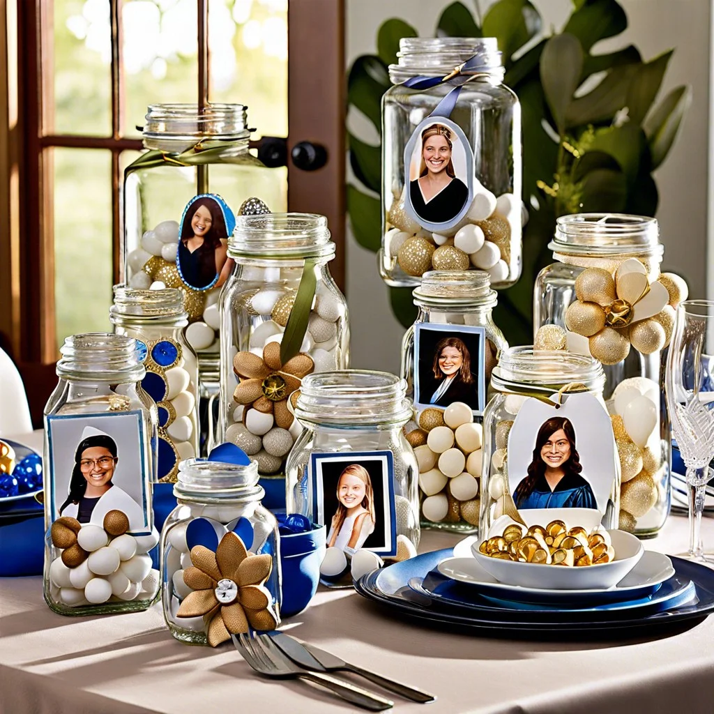 photos inside glass bottles and jar centerpieces