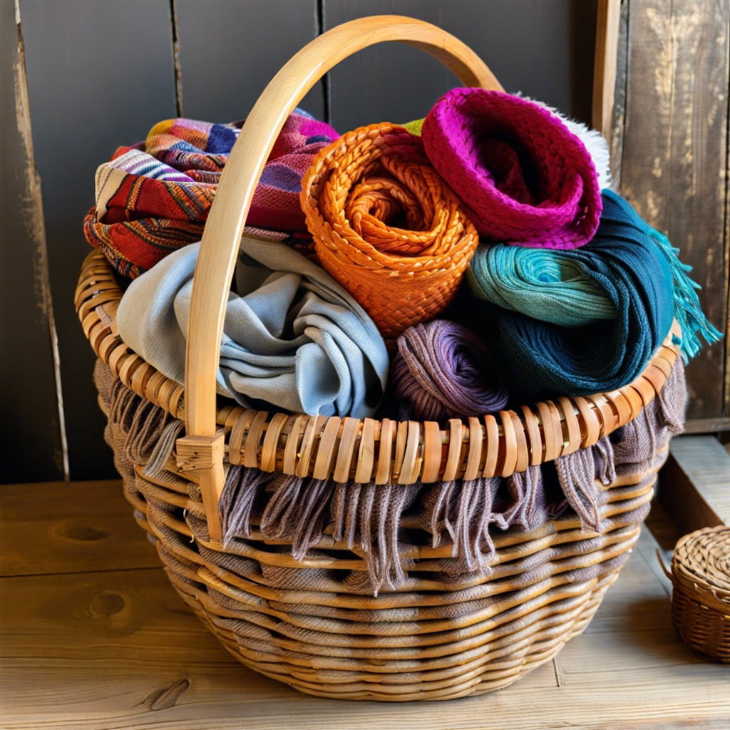 pile scarves in a rustic basket