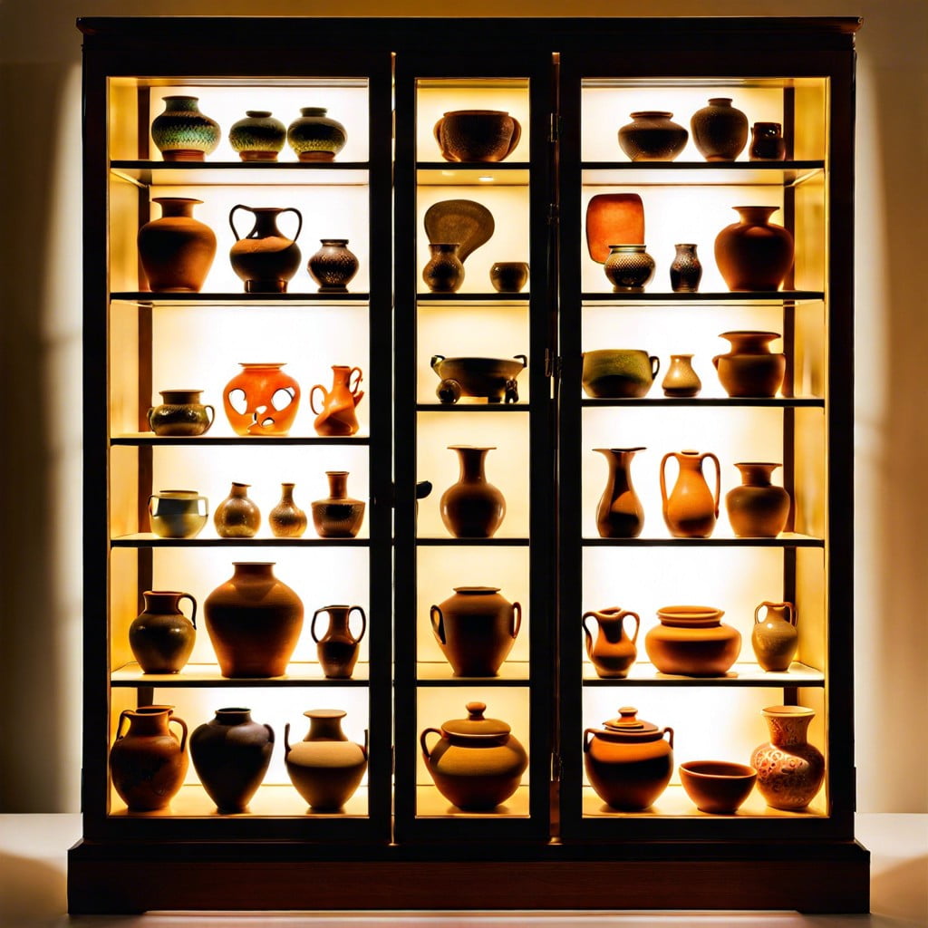 pottery showcase in a backlit display cabinet