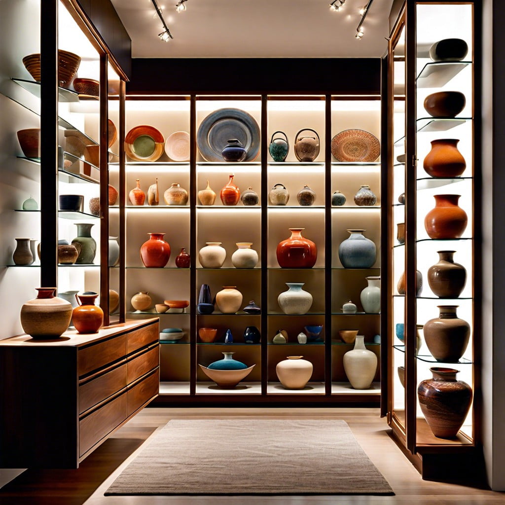 presentation of pottery pieces in glass closets