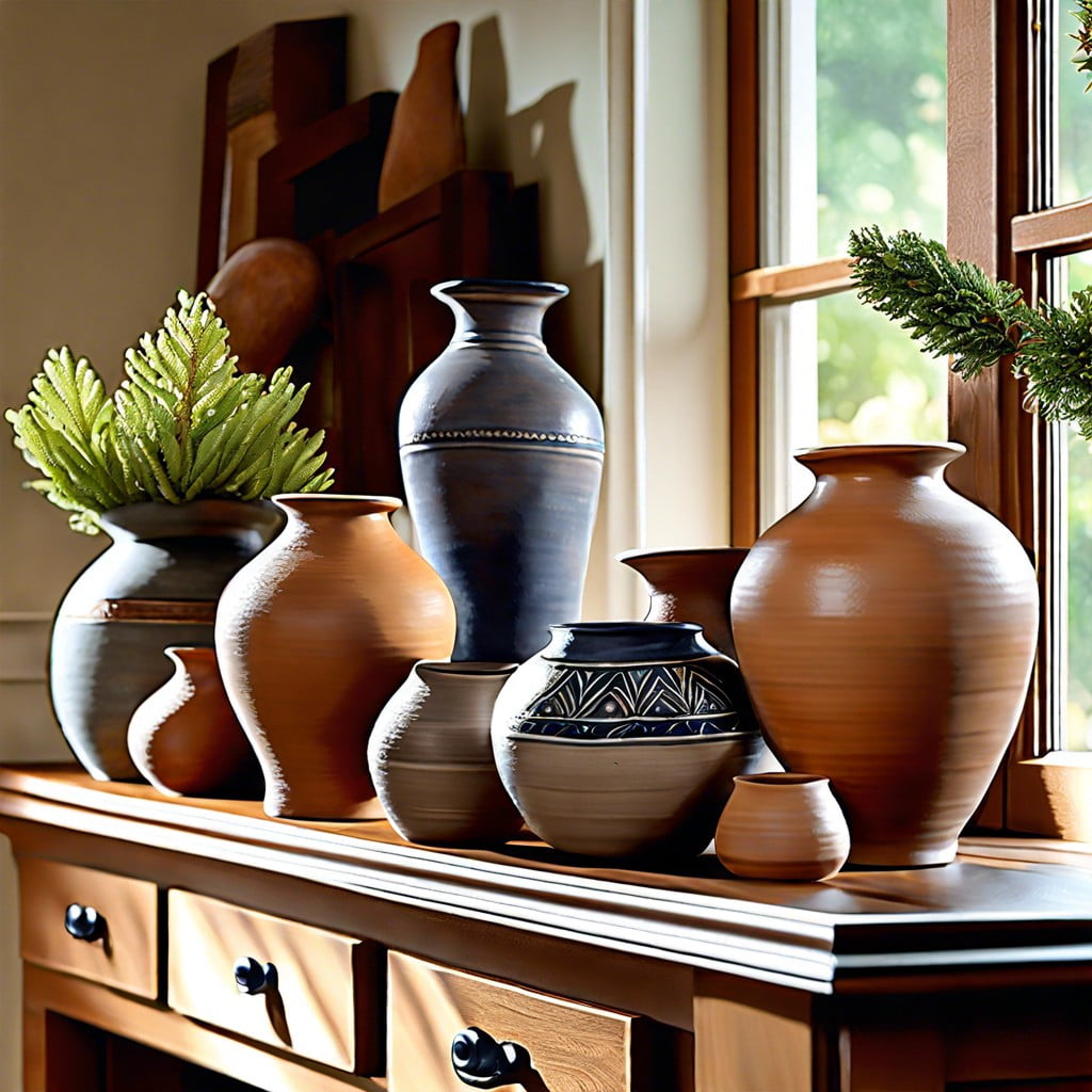 put pottery pieces on mantels or window sills