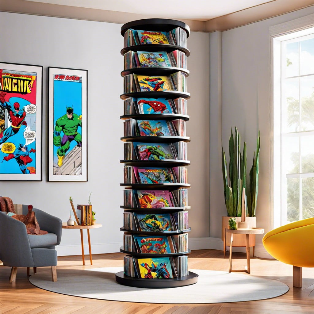 rotating comic book towers