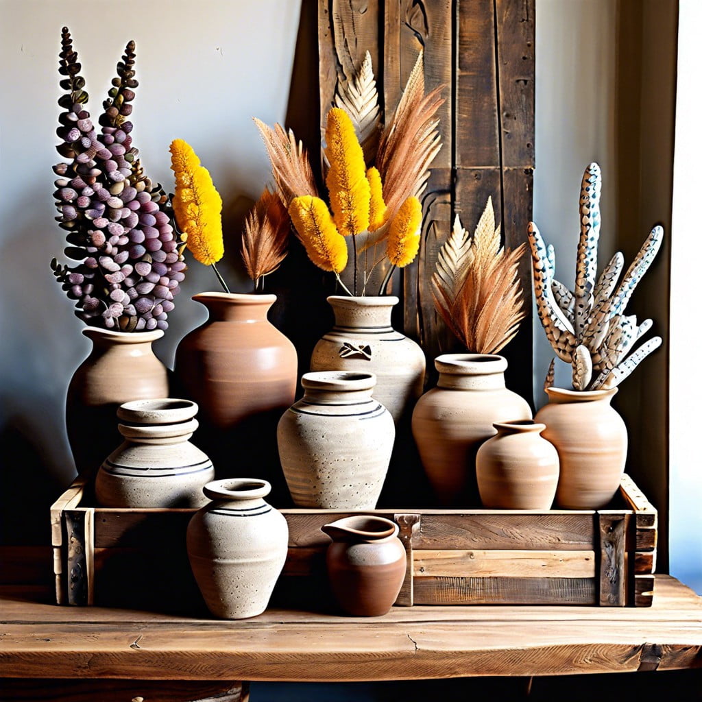 rustic pottery display on a wooden crate