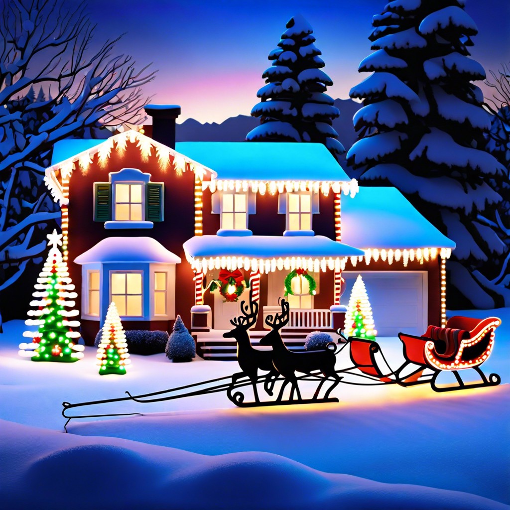 santas sleigh and reindeer light display