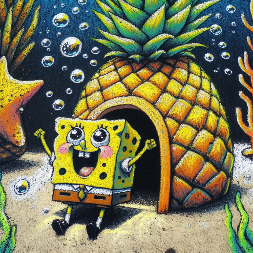 spongebob in pineapple house chalk art