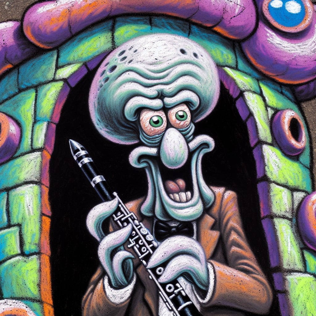 squidward playing clarinet chalk drawing