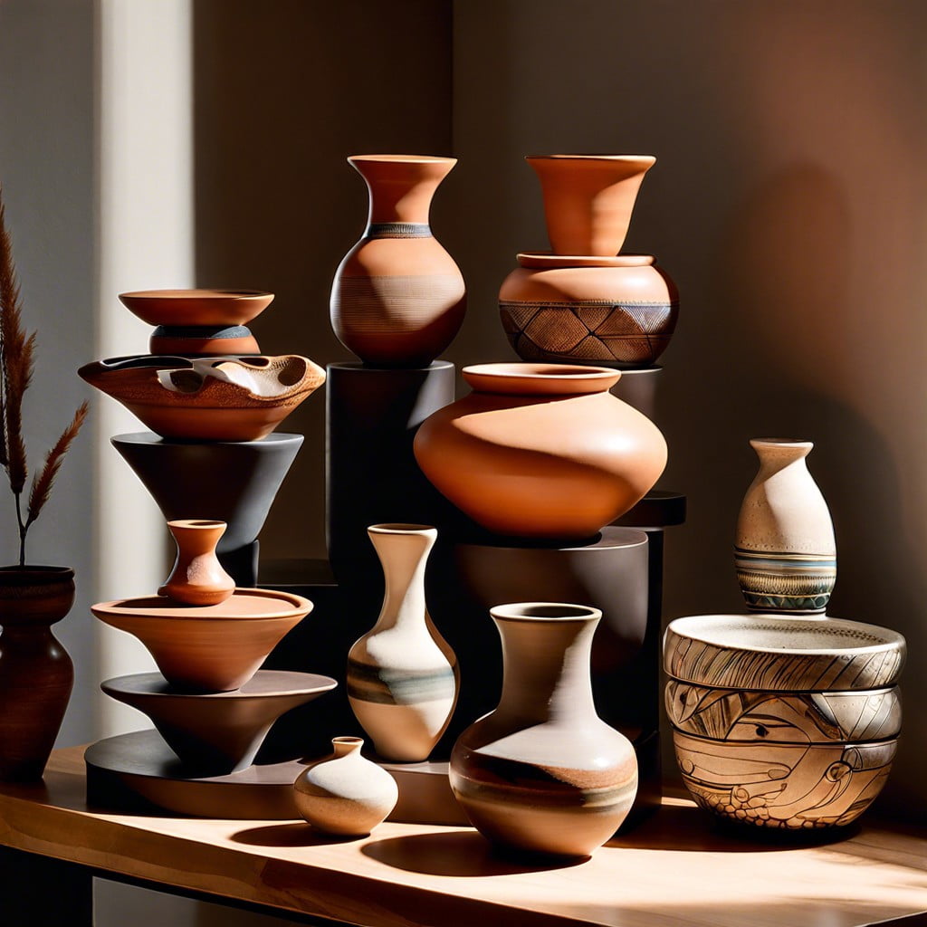 stacked pottery display on a cantilever shelf