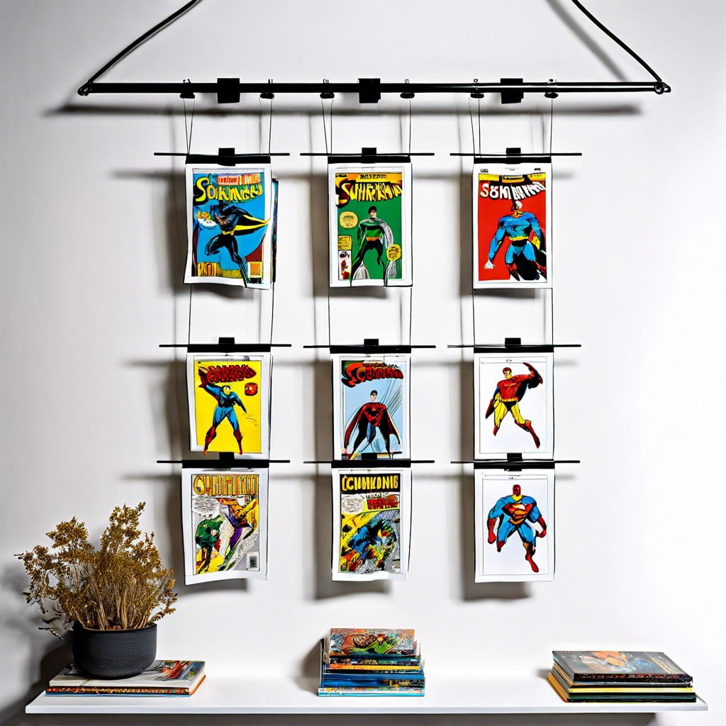 suspended wire for lightweight comic display