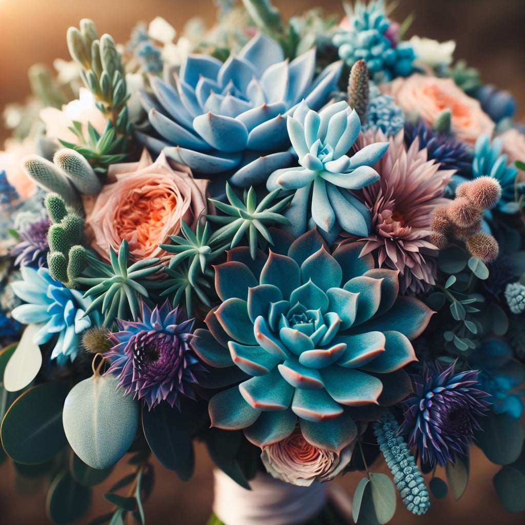 using blue chalk sticks in bouquets