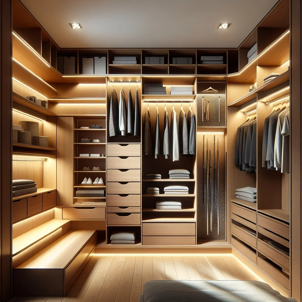 versatile built ins for angled wall closets