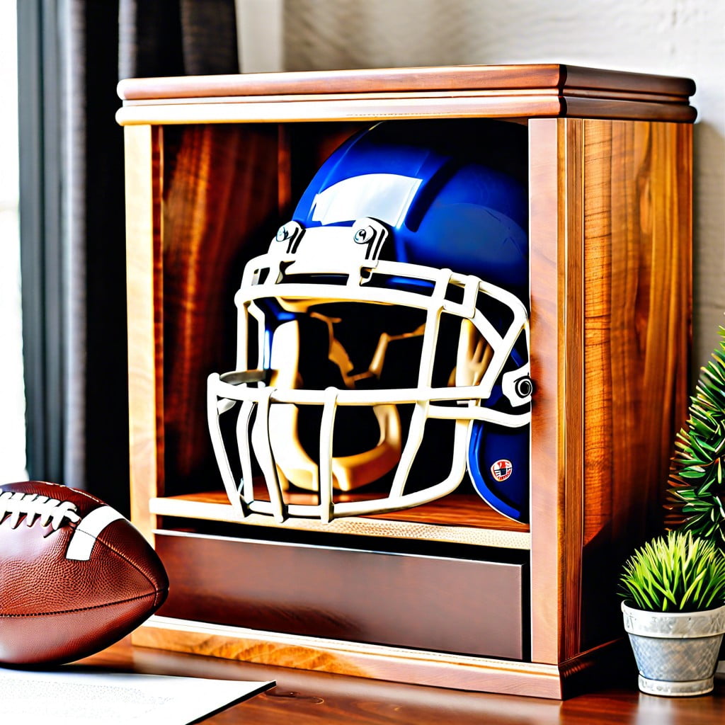 vintage style football helmet wooden display box