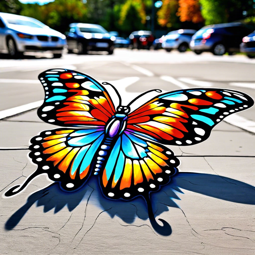 3d chalk butterflies employ anamorphic techniques to create butterflies that appear to stand up off the pavement