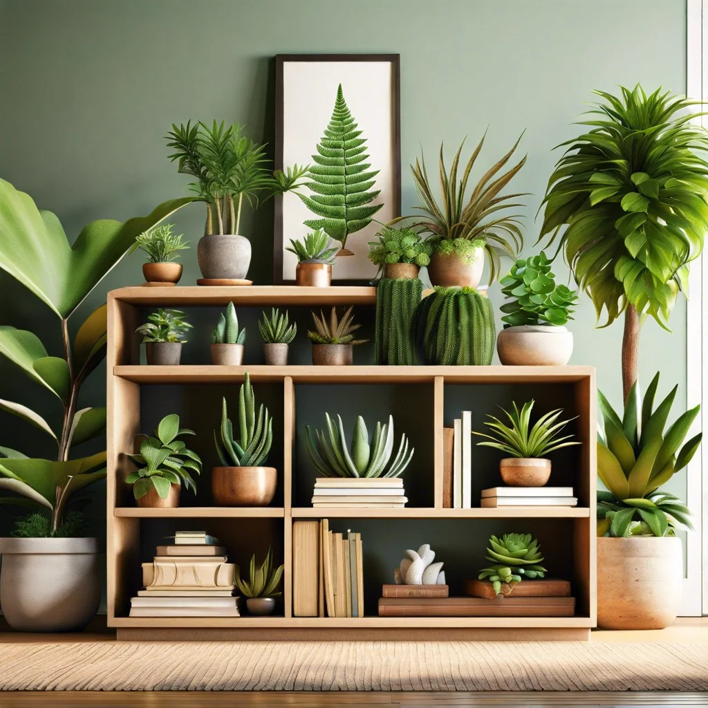 accentuate a bookshelf with interspersed small pots