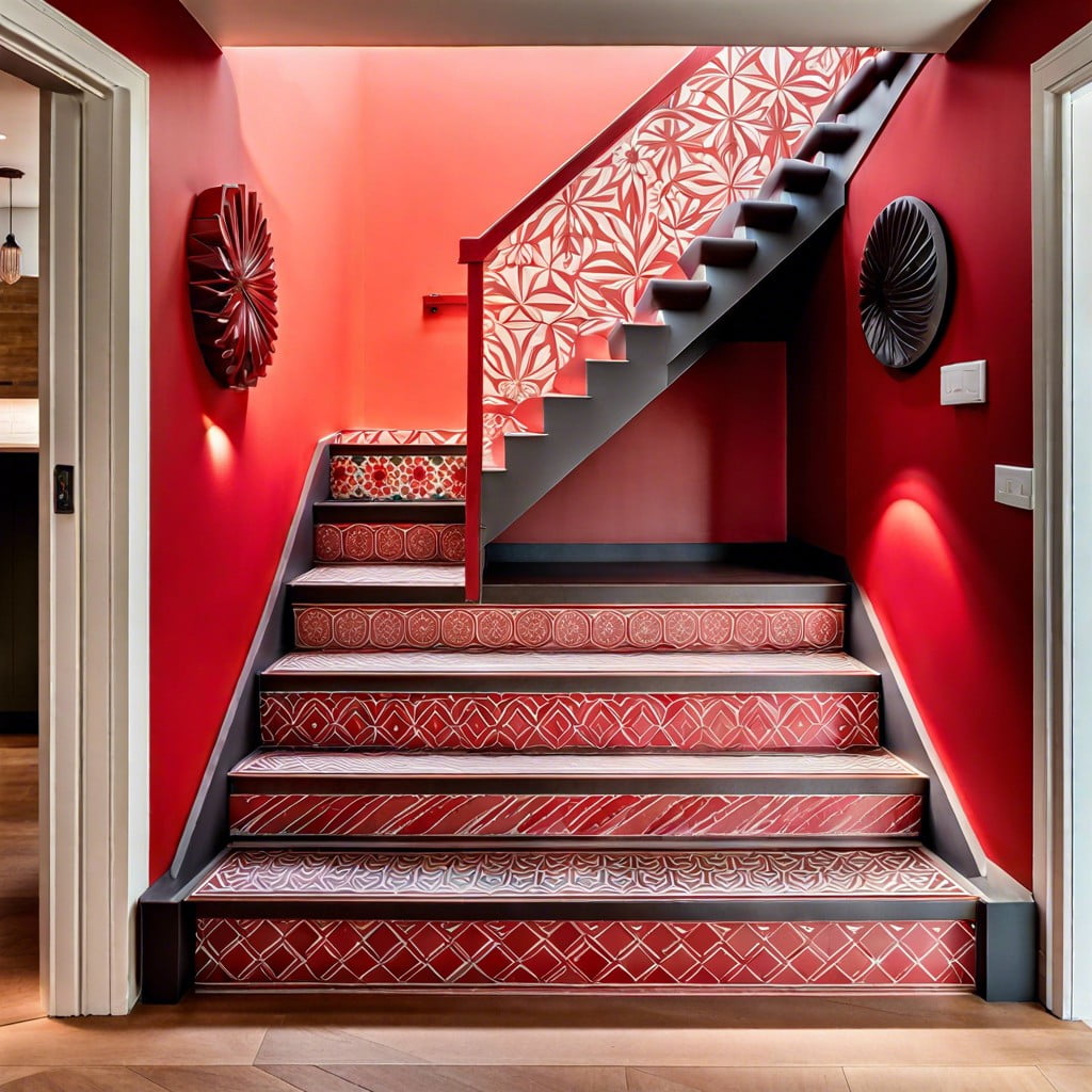 accentuate stair risers with red chalk paint patterns