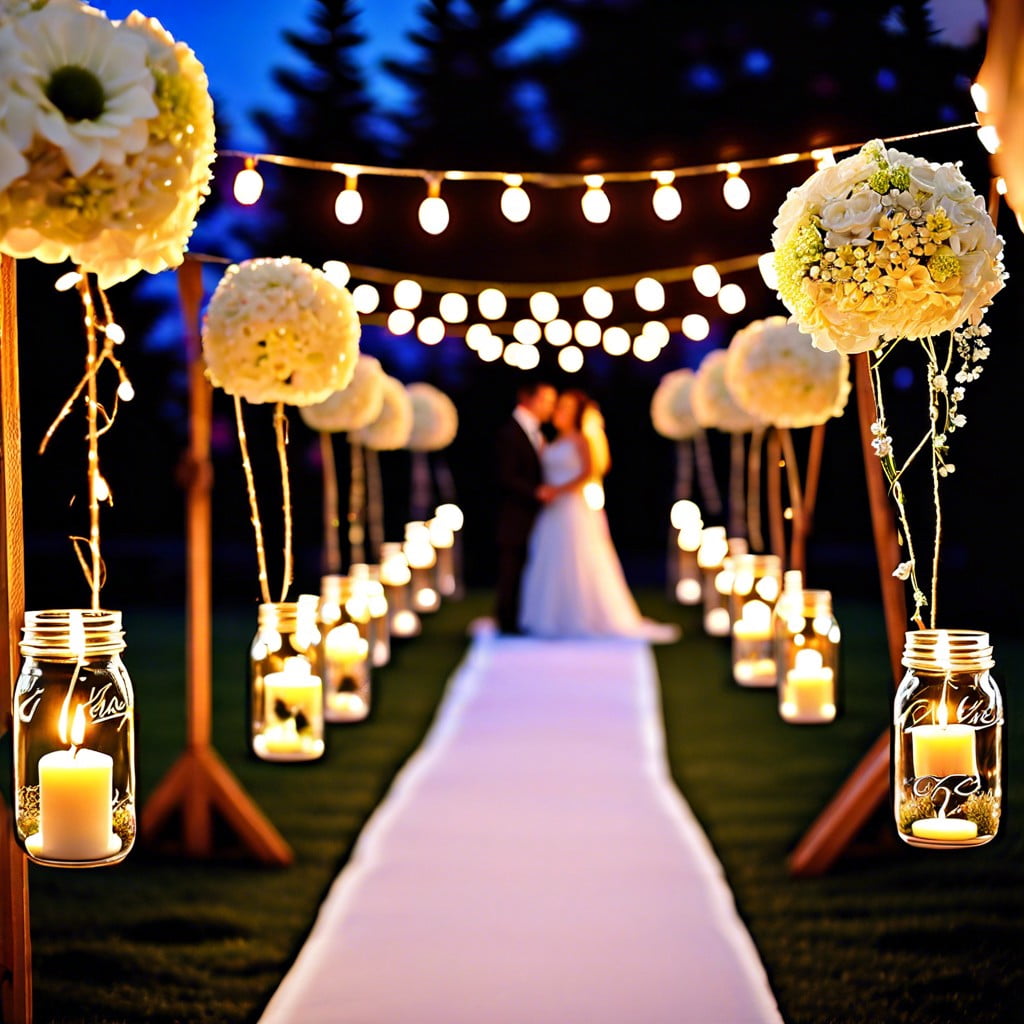 adorn the aisle with hanging mason jars filled with candles or flowers