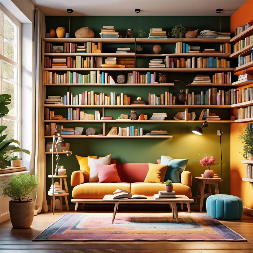 arrange floating bookshelves for a literary wall