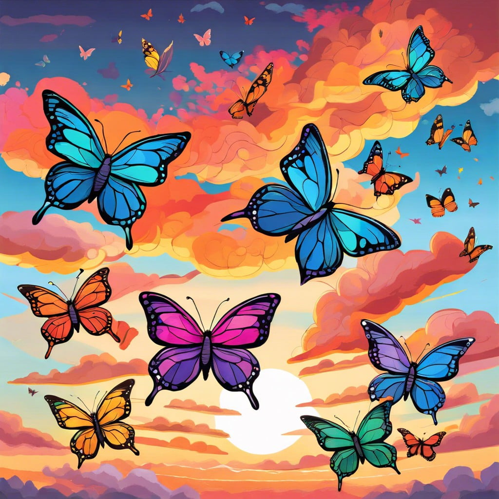 chalk art butterflies in flight depict a scene of butterflies soaring through a chalk drawn sky