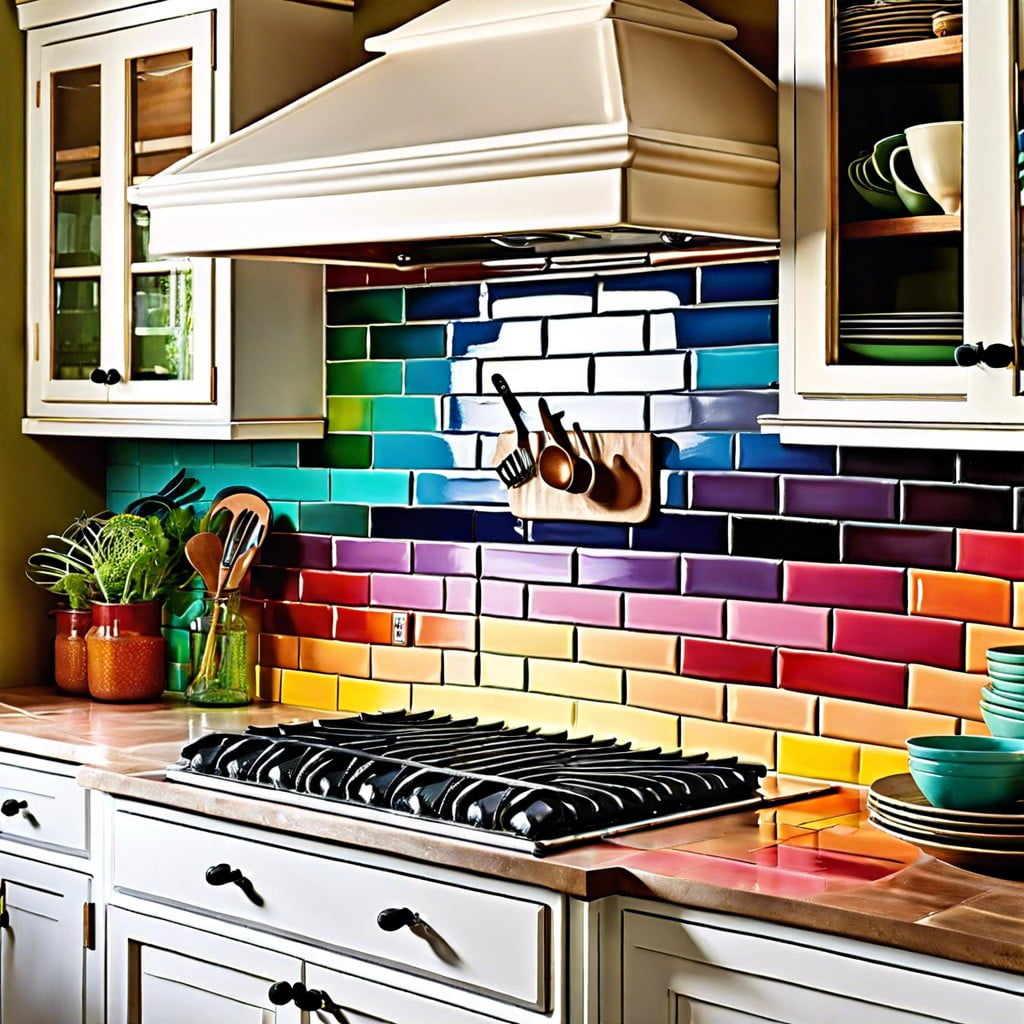 chalk painted rainbow kitchen backsplash
