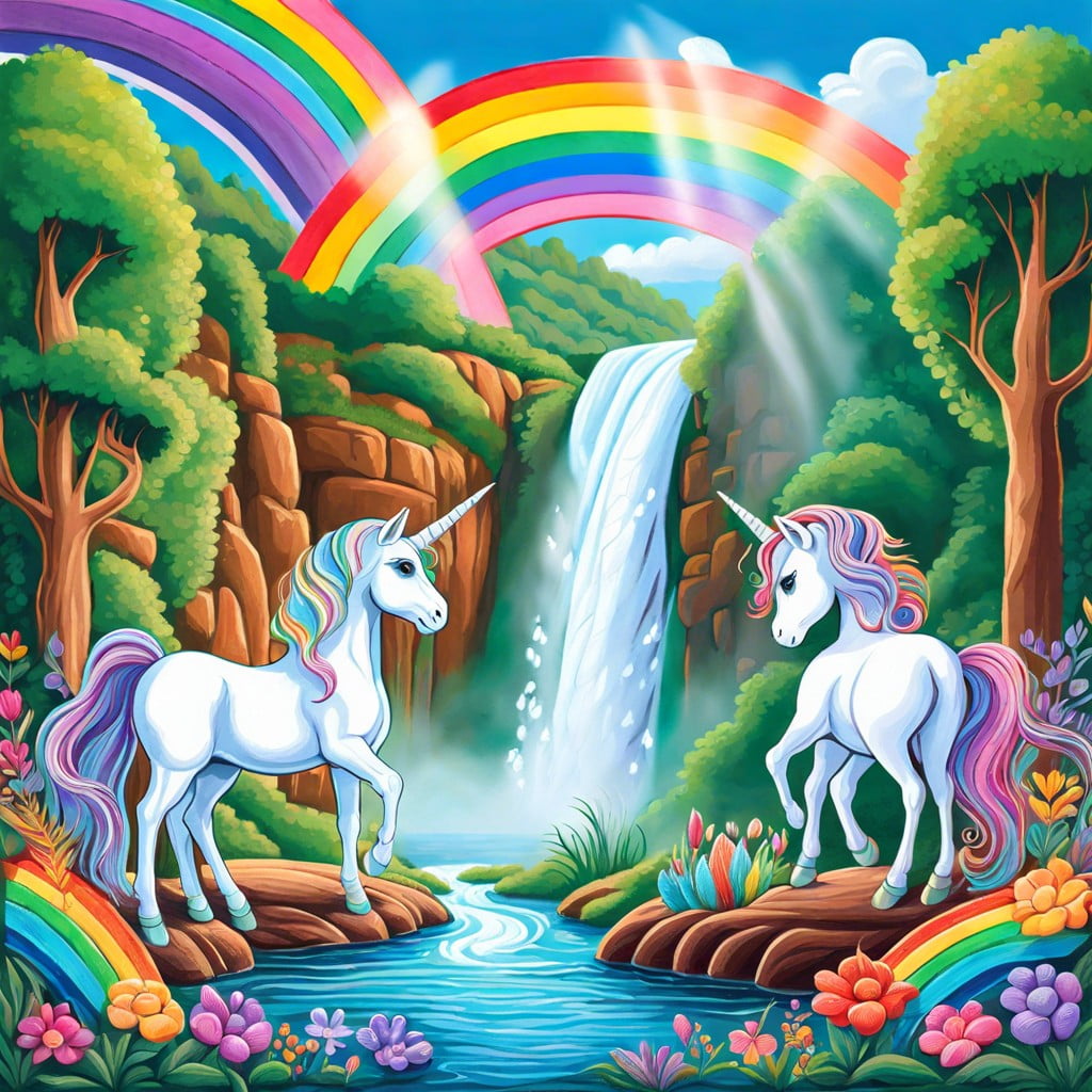 chalk unicorns at a waterfall