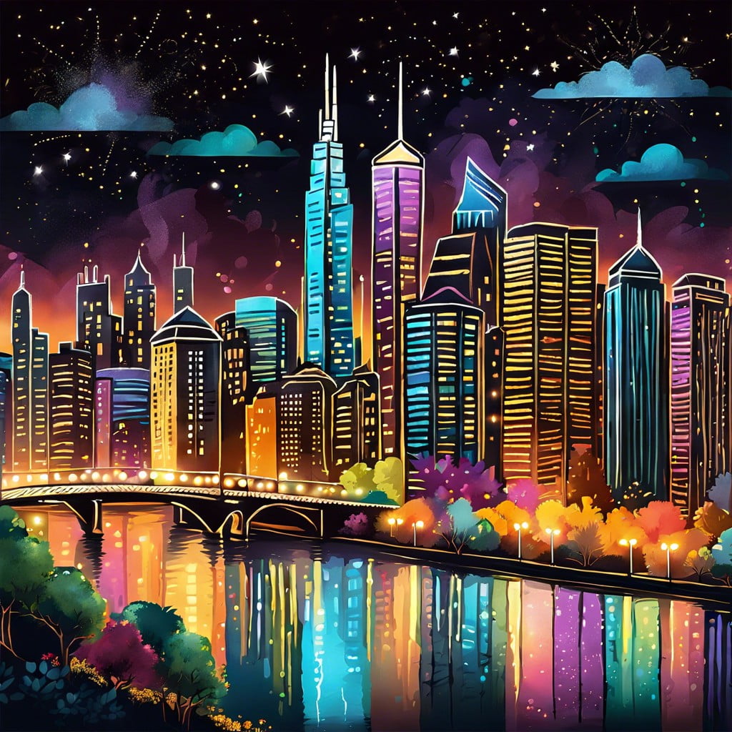 city skyline at night with chalk