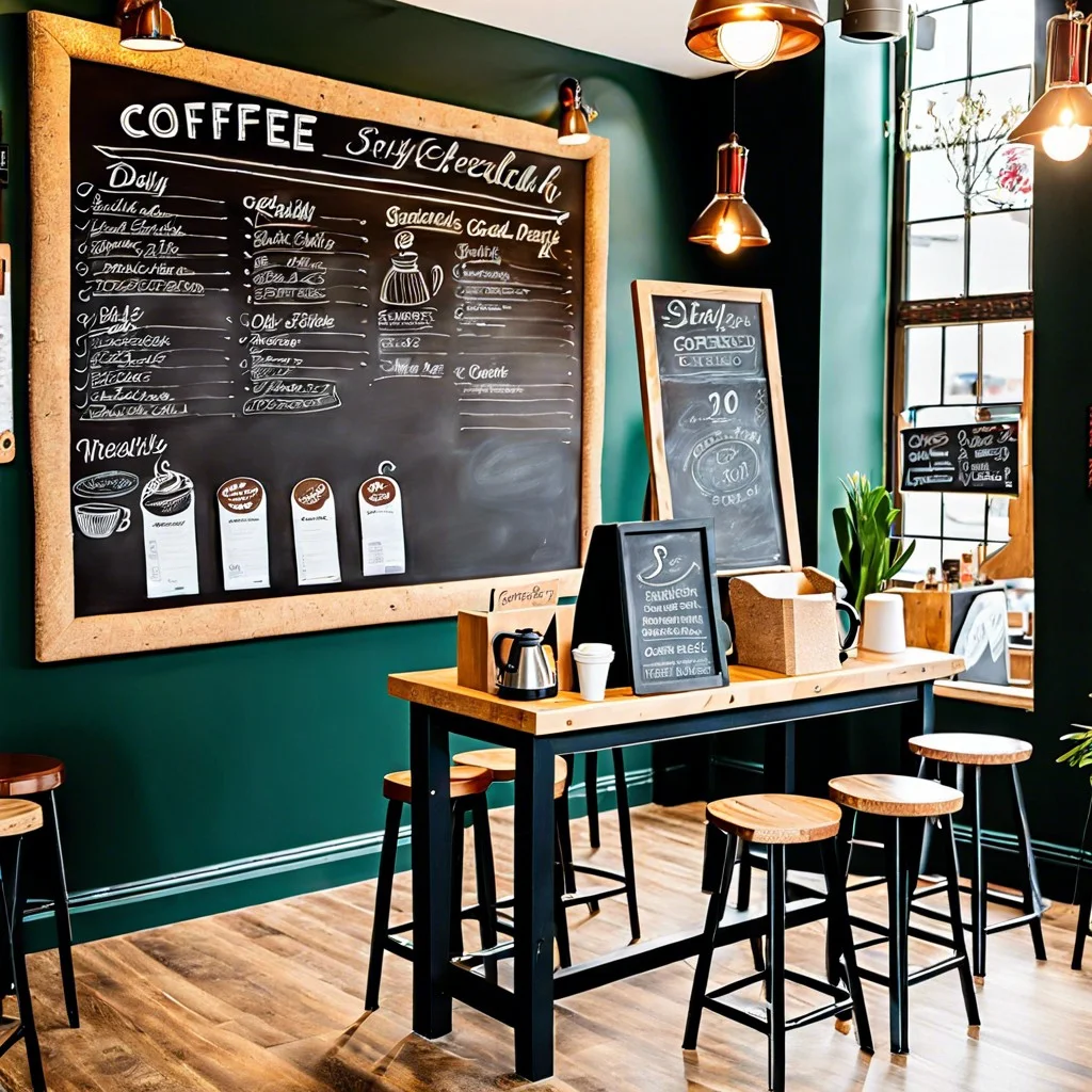 coffee shop menu display chalk for specials cork for local flyers