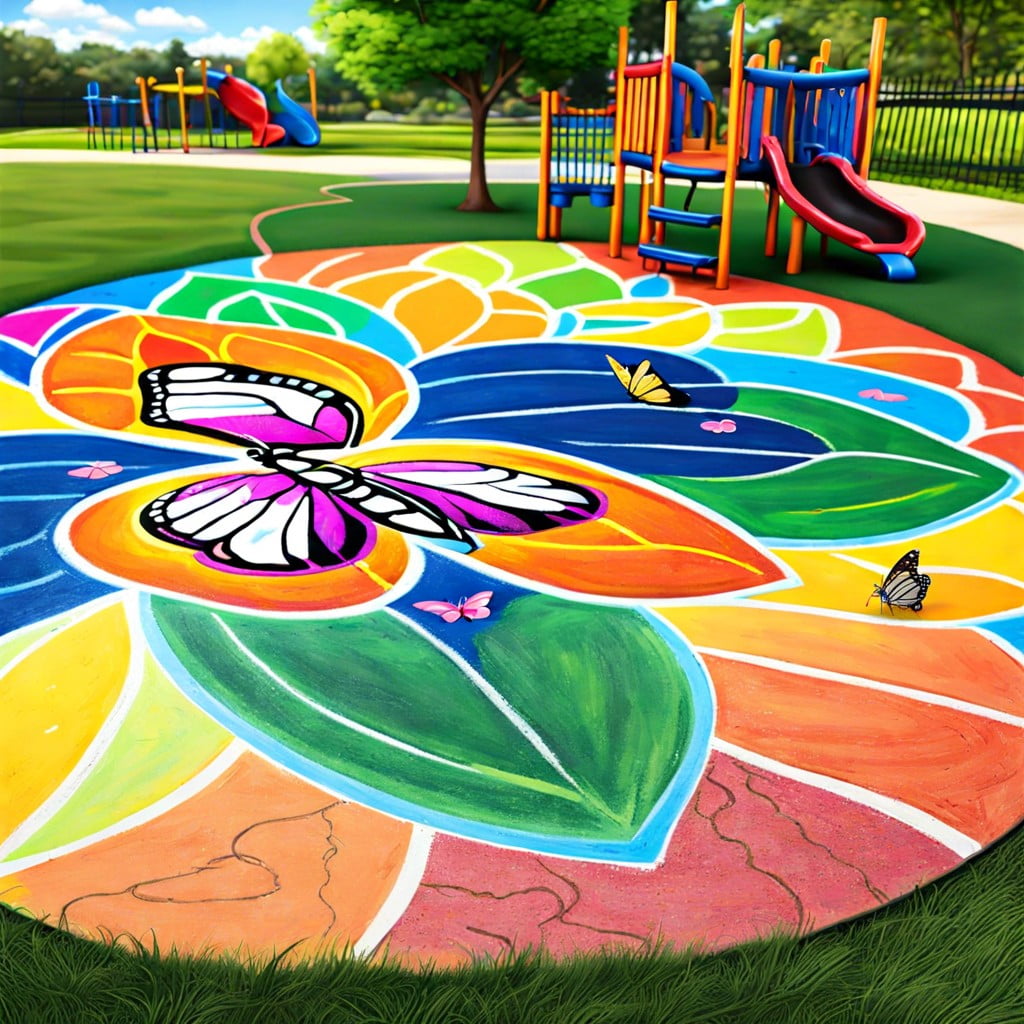 colorful butterfly life cycle illustrate the life stages of a butterfly on a playground surface using chalk