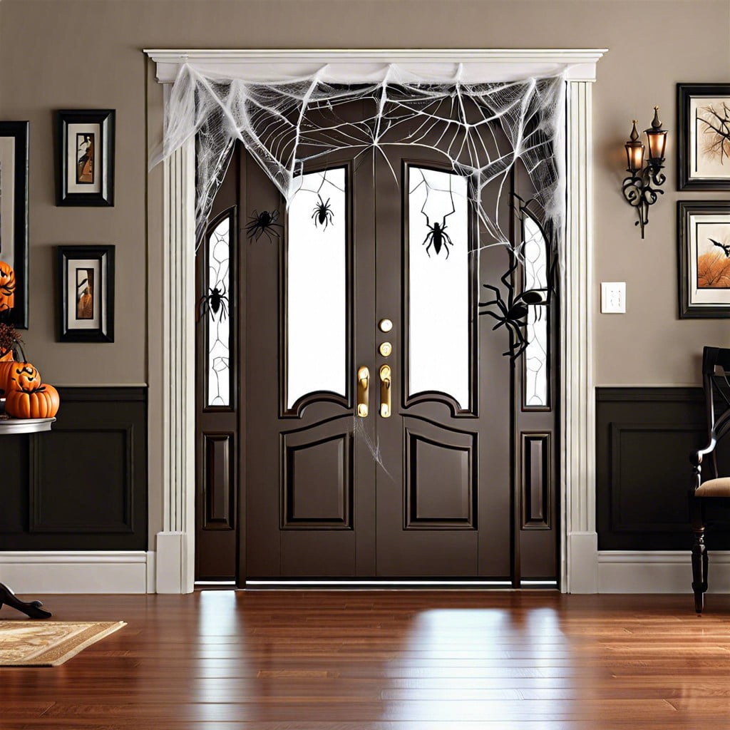creepy crawly door use stretchable cotton spider webs to create a spiders lair