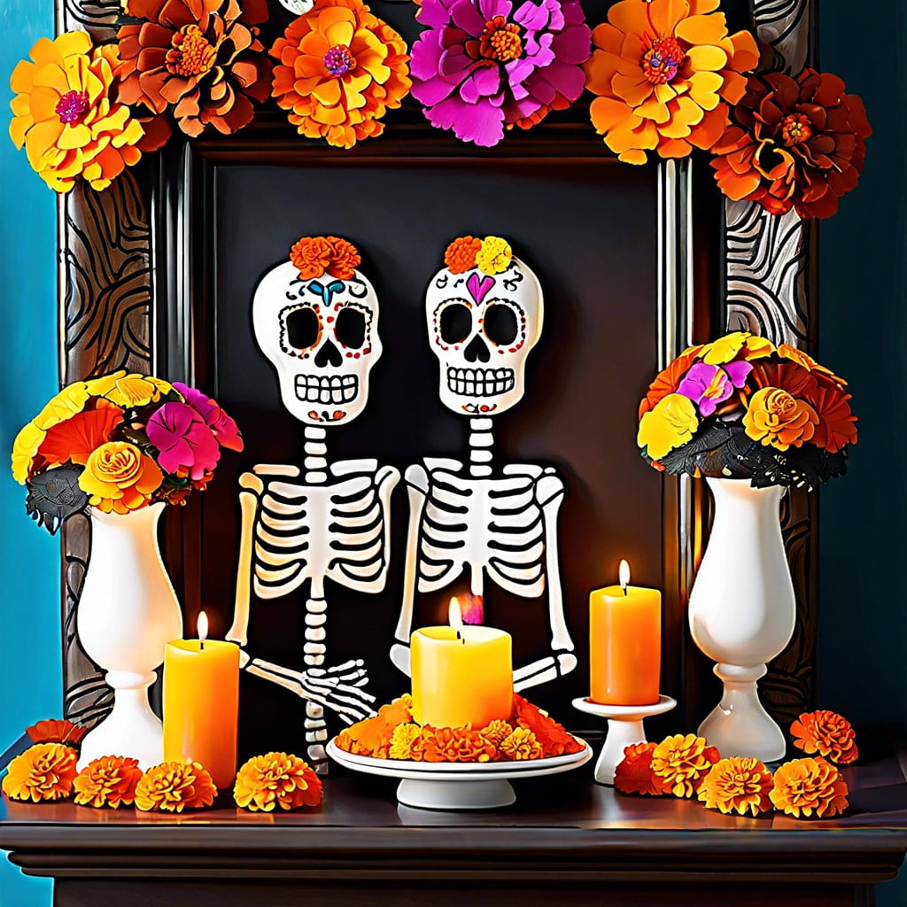 day of the dead shrine with festive skeletons