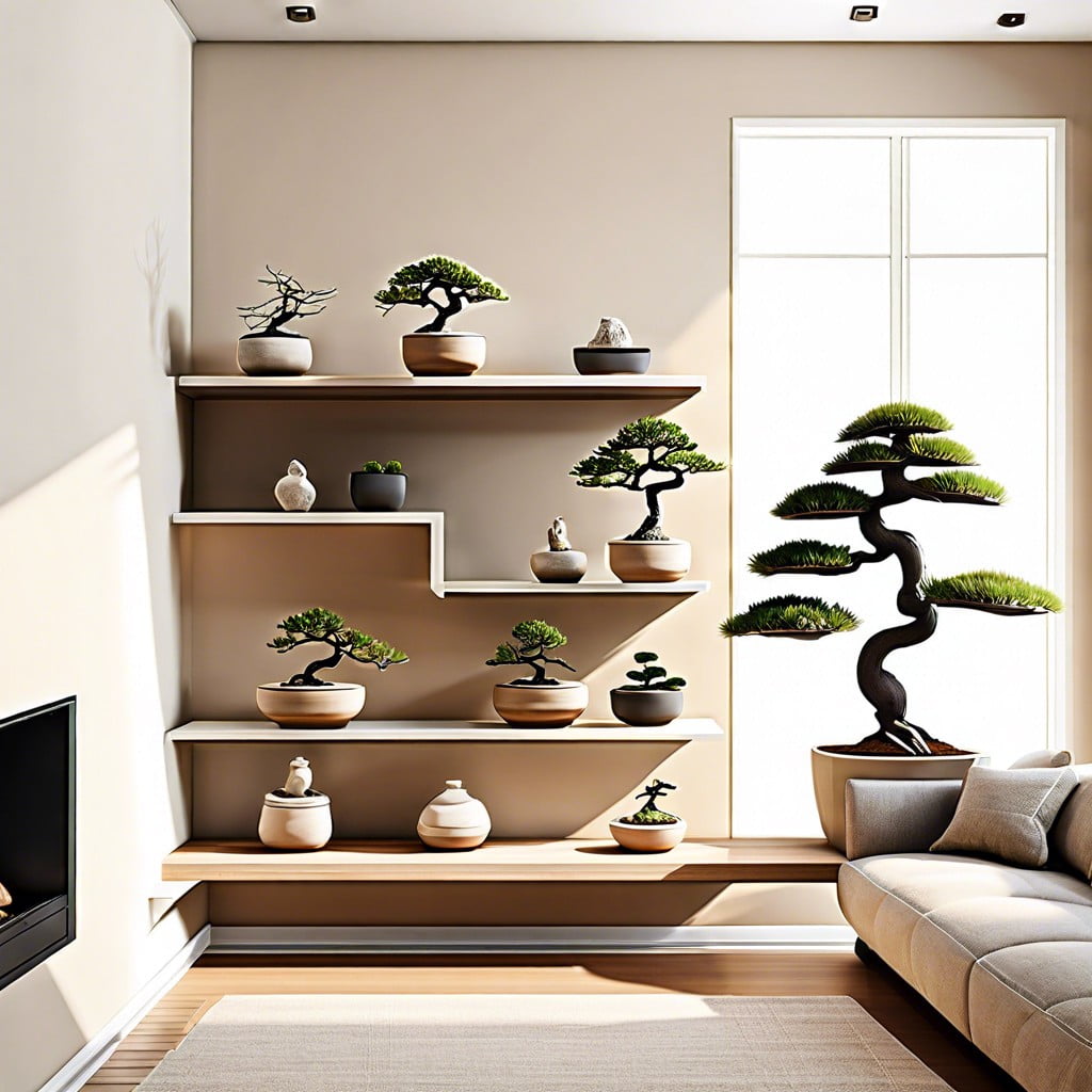 display a twist of bonsai plants on floating shelves