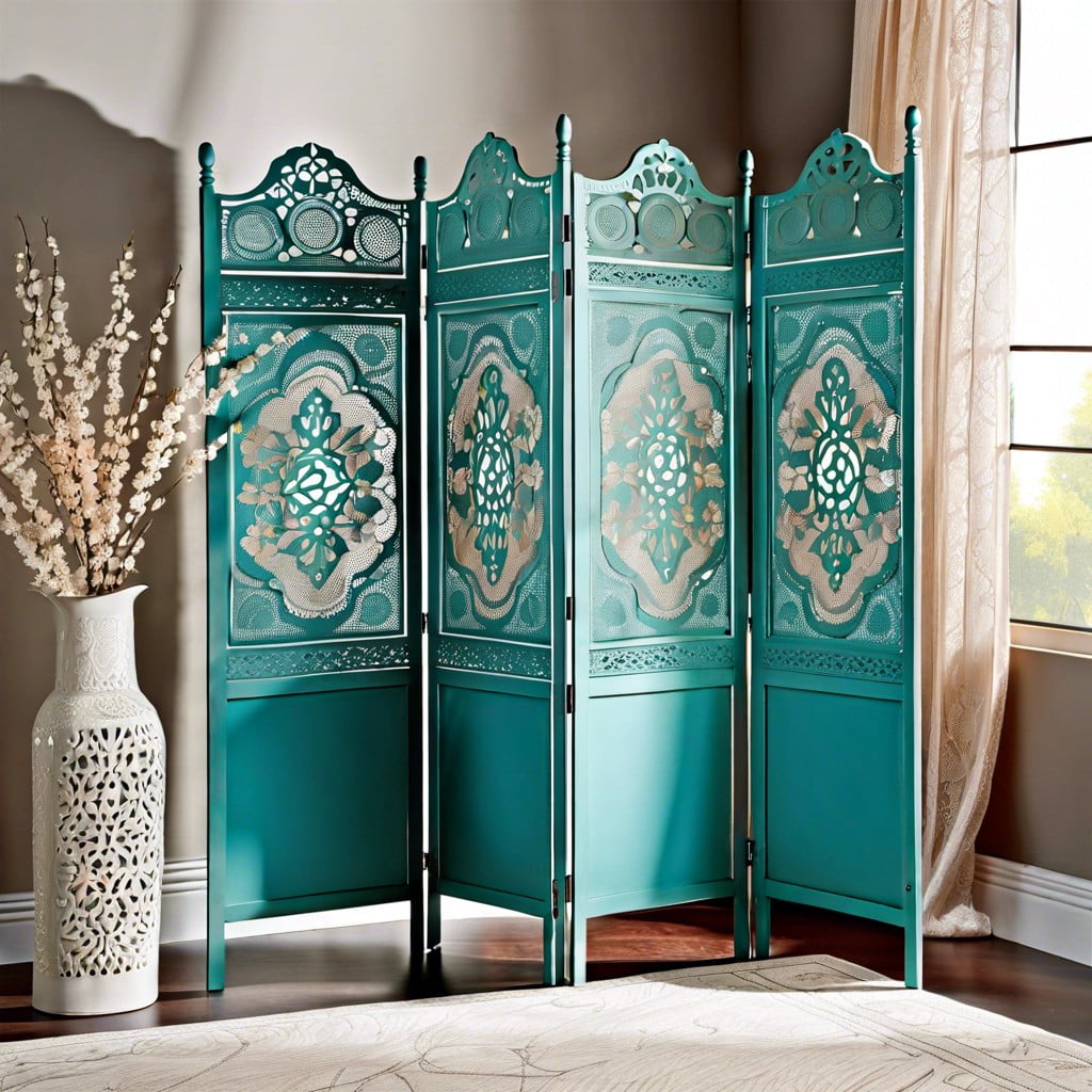 elegant teal chalk painted room divider with lace detail