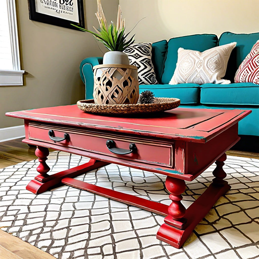 fashion a boho chic coffee table with distressed red chalk paint
