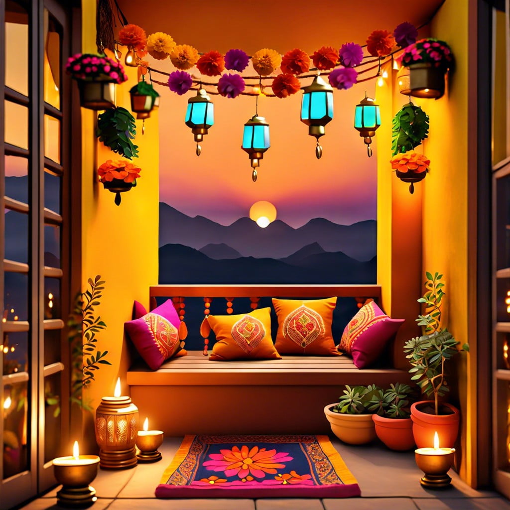 festive diwali balcony garden setup